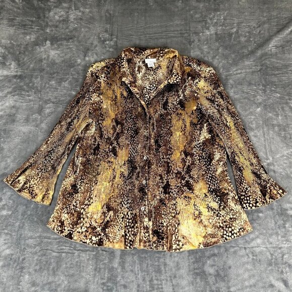 Jaclyn Smith Top Blouse Button Up Shirt Women Size XL Collared Brown Pleated - Picture 1 of 8